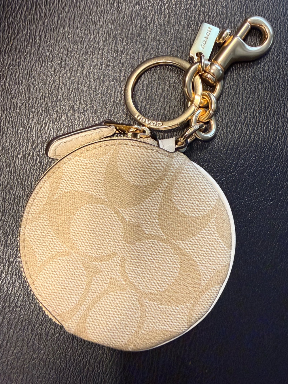 Coach Beige Signature Round Coin Pouch Keyring
